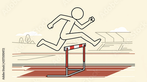 Person jumping over hurdles on a running track as a metaphor for overcoming professional business challenges and reaching career goals through persistence determination and athletic agility in