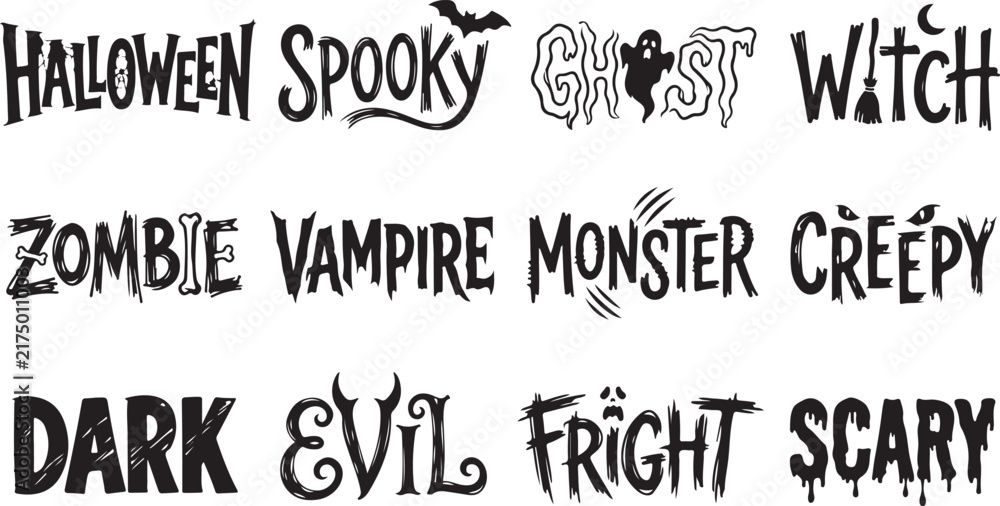 Obraz premium Halloween themed text labels featuring hand-drawn style lettering with words like halloween, spooky, ghost, witch, zombie, vampire, and monster