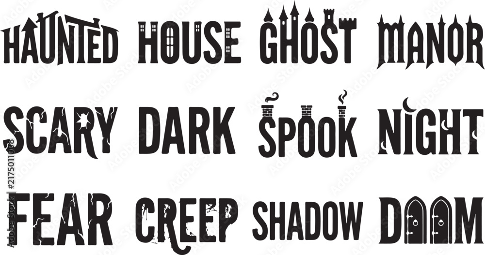 Fototapeta premium Halloween themed text labels featuring architectural with words like haunted house, ghost, manor, scary, dark, spook, night, fear, and shadow