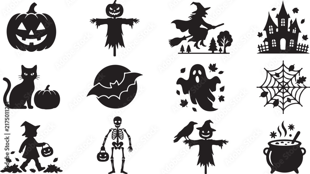 Fototapeta premium Set of halloween themed silhouette featuring pumpkins, witches, ghosts, haunted houses, skeletons, and spooky holiday decorations