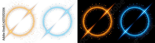 Glowing circular light frames set. Orange and blue neon ring borders with sparkle effects on transparent background