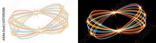 Glowing light rings with orange and blue neon trails. Futuristic abstract circle design elements