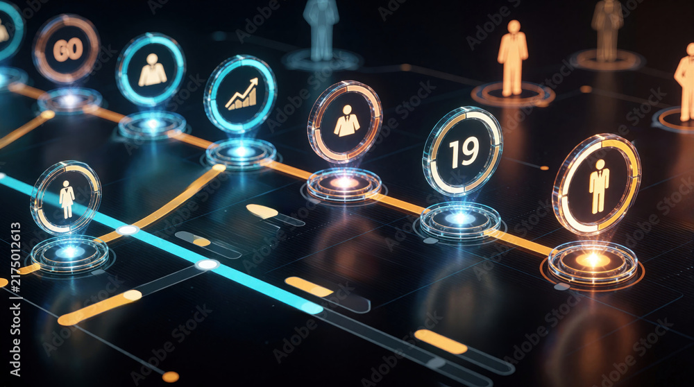 Fototapeta premium Digital interface shows holographic roadmap with people icons and progress bars. Futuristic business strategy visualization for planning growth and tracking milestones across a timeline.