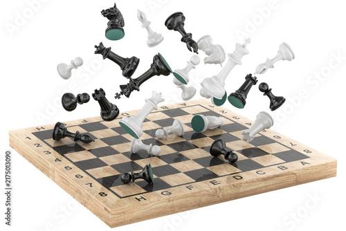 Chess pieces flying over board, transparent background