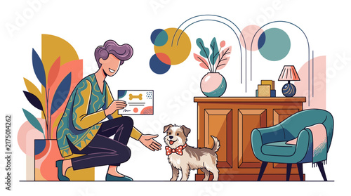Flat vector illustration of a professional pet groomer kneeling to greet a small scruffy dog wearing a red bowtie in a stylized modern salon with abstract decor and plants.