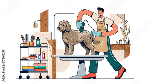 Professional pet groomer in apron using electric clippers to trim the fur of a curly-haired dog on a specialized grooming table in a clean, modern animal salon interior with tools.