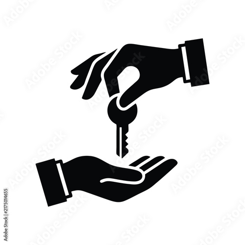 Real estate key handover vector icon, hand giving house key to another person, property deal and rental agreement symbol
