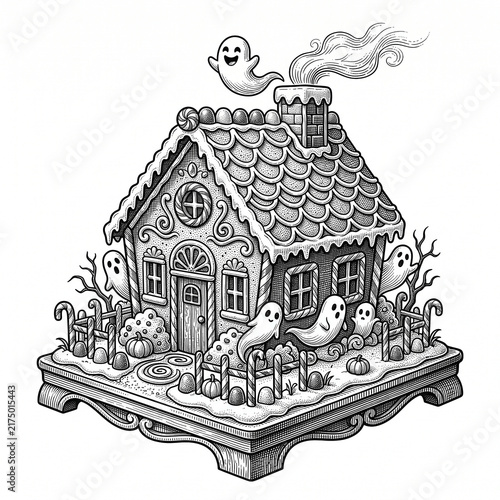 Vintage engraving illustration of a haunted gingerbread house with spooky ghosts and pumpkins for Halloween