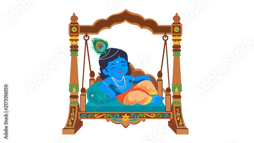 Картината върху платно Traditional baby Lord Krishna sitting in a decorative swing, colorful Hindu religious illustration for Janmashtami festival, Indian culture, devotional artwork, vector clipart design