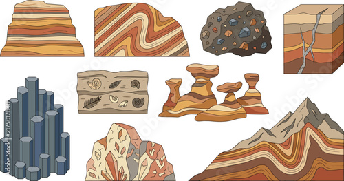 Geology and Earth Science Icon Set with Sedimentary Rock Strata Folded Layers Basalt Columns Fossils Fault Lines and Desert Hoodoos Vector Graphic Design