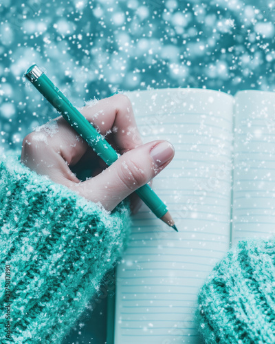 Hand writing with a green pencil in an open notebook during a snowfall.