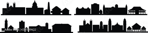 Four Black Architectural Skyline Silhouettes Featuring Historic Towers, Domes, Houses and Urban Buildings