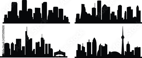 Four Black Urban Skyline Silhouette Collections with Skyscrapers, Towers and Diverse Modern Architecture