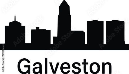 Galveston city skyline silhouette with historic architecture and distinctive tower on a clean white background