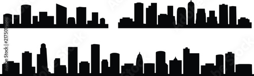 Four Modern Black City Skyline Silhouette Collections with High Rise Buildings and Distinctive Architectural Rooflines