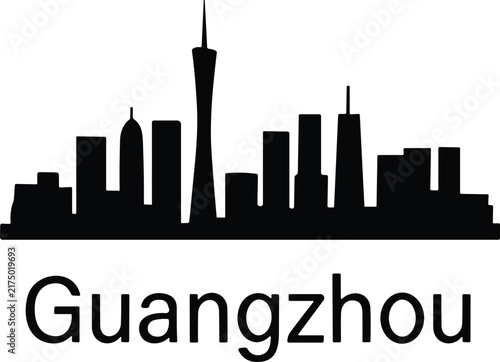 Guangzhou city skyline silhouette with modern skyscrapers and distinctive central tower on a clean white background