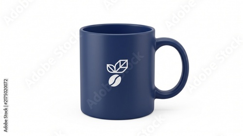 Minimalist 3D render of a navy blue ceramic coffee mug with a white bean logo on a plain white background for commercial use