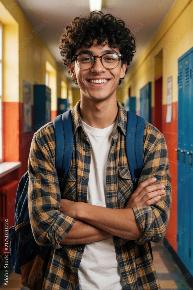 Fototapeta premium Smiling student with glasses and backpack stands in school corridor. Young male pupil with arms crossed looks confidently at camera, ready for studies. Education begins.