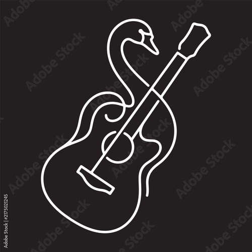 Single continuous line art icon of an acoustic guitar combined with a graceful swan neck layout isolated on black background