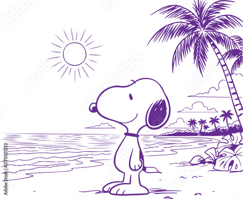 Snoopy dog looking at beach with palm trees Vector, illustration