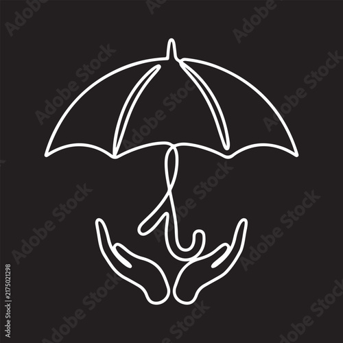 White single continuous line art illustration of cupped hands sheltering a protective umbrella over a solid black background
