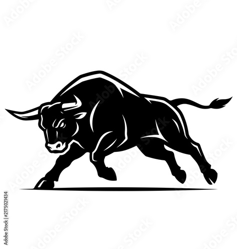 Foto Black silhouette of a charging bull isolated on white background for sports logo design