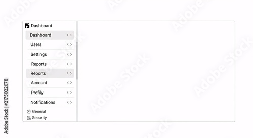 Screenshot of a minimalist user interface with a sidebar navigation menu, highlighting the 'Reports' section and a blank content area.