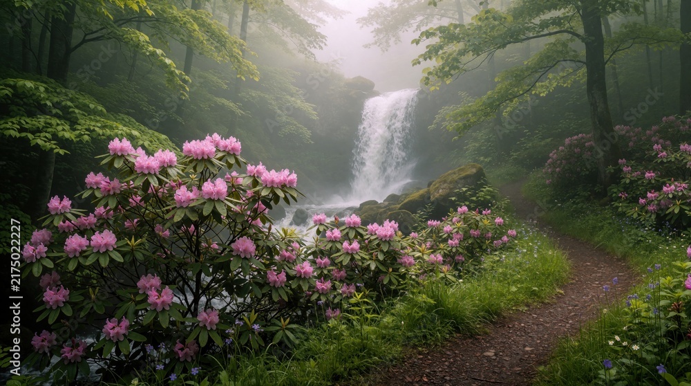 Fototapeta premium Misty forest landscape with white waterfall cascade. Pink rhododendron flowers bloom along winding dirt path through rich green trees. Foggy atmosphere covers scenic woodland trail near rocky stream