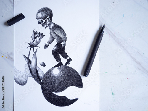skull head human walking meditation enjoy moment live in present happy mind art illustration design hand drawing peace calm concept balance life relax mental health lifestyle body harmony psychology