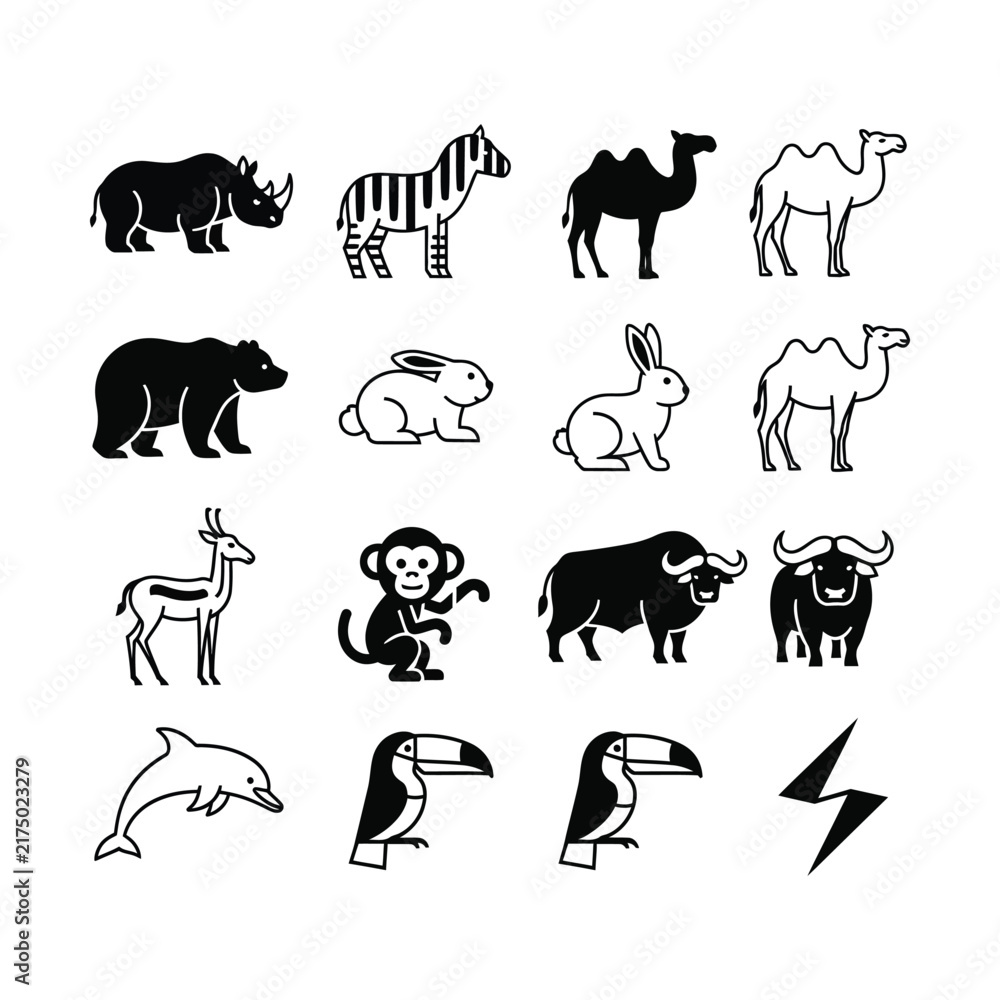 Fototapeta premium A collection of black and white line art icons featuring various animals such as rhino, zebra, camel, bear, rabbit, gazelle, monkey, buffalo, dolphin, and toucan, along with a lightning bolt symbol.