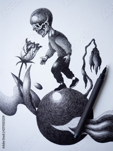skull head human walking meditation enjoy moment live in present happy mind art illustration design hand drawing peace calm concept balance life relax mental health lifestyle body harmony psychology
