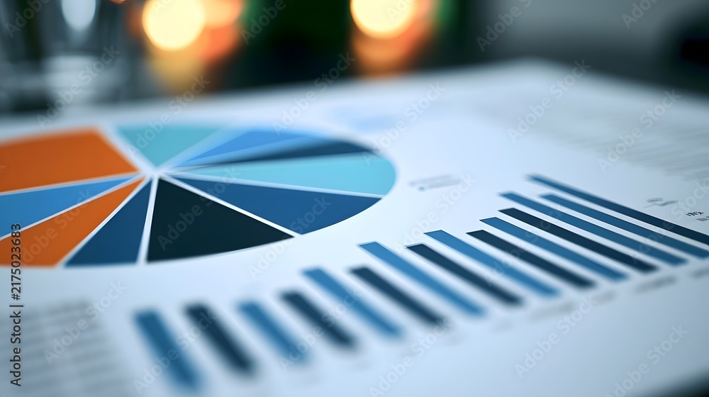 Obraz premium A close up view of a colorful pie chart and bar graph on a document with blurred background lights
