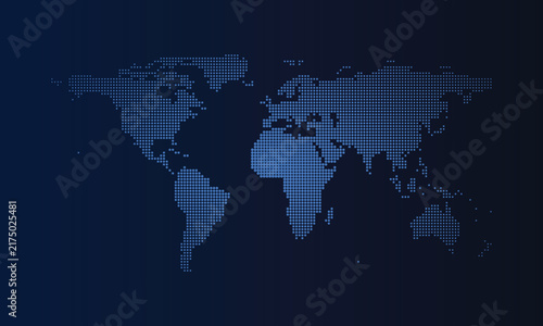 Detailed world map showing continents formed by small blue squares on a dark blue background.