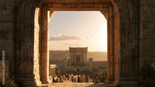View of the second temple in jerusalem through a stone gate