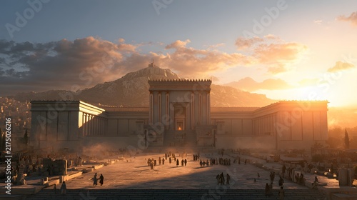 Majestic ancient temple in jerusalem at sunset with mountain backdrop