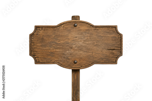 Blank weathered wooden signboard with decorative carved edges and natural wood grain mounted on a sturdy post, isolated on a clean white background with ample copy space for advertising, announcements