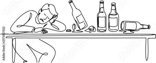 Bild auf Leinwand Drunk man sleeping on table full empty alcohol bottle at restaurant or home continuous line vector