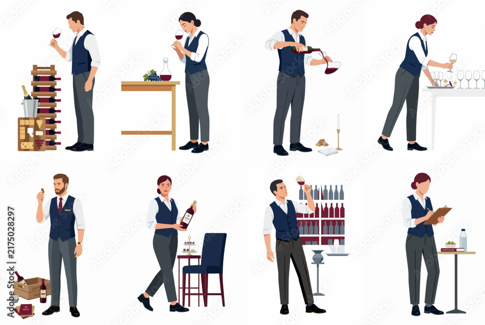 Obraz premium Flat vector illustration set of professional male and female sommeliers performing various wine tasting and service tasks on a white background.