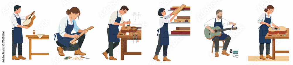 Obraz premium A collection of diverse luthiers crafting and testing acoustic guitars in a professional woodworking studio, presented as isolated flat vector illustrations.