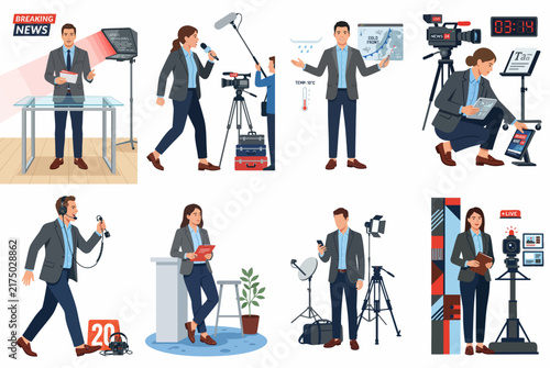 Bild auf Leinwand Vector illustration collection of professional news reporters, anchors, and tele