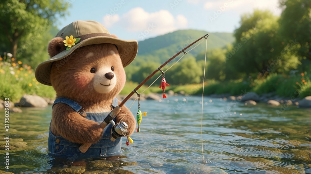 Naklejka premium Cute cartoon bear wearing hat and overalls fishes in shallow river stream. Bear holds rod with lures. Background shows green trees and hills.