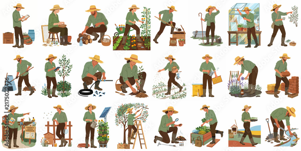 Naklejka premium Flat vector illustrations set of male and female farmers and gardeners performing various agricultural tasks, harvesting, planting, and maintaining a garden or farm.