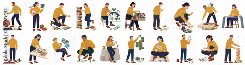 Large collection of characters in yellow sweaters engaged in various hobbies, DIY projects, and creative leisure activities, illustrated in a flat vector style.