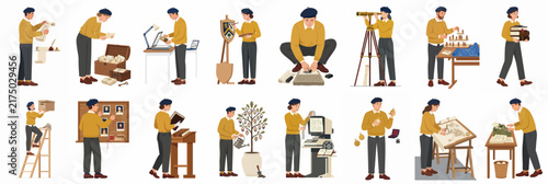 A collection of flat vector illustrations depicting a man in a yellow sweater and beret performing various intellectual, scientific, and historical research activities.