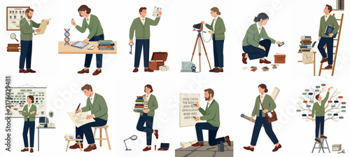 Set of flat vector illustrations featuring diverse scholars, scientists, and researchers performing various academic tasks, data analysis, and historical investigations in a professional style.