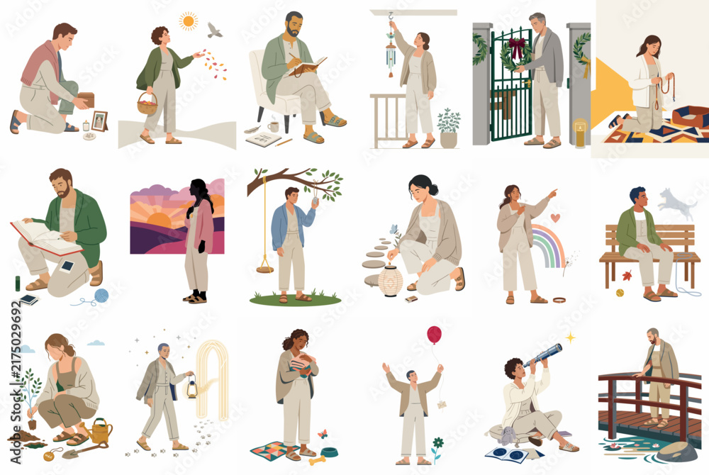 Fototapeta premium Set of Minimalist Vector Illustrations Showing People in Various Daily Activities, Hobbies, and Mindful Moments for Modern Lifestyle Concepts