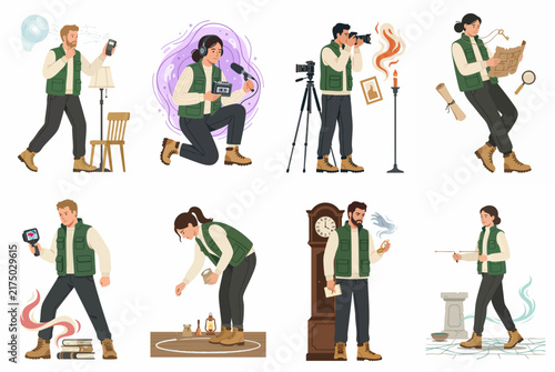 Collection of flat vector illustrations depicting professional paranormal investigators and ghost hunters using specialized equipment to detect spirits and haunted activity.
