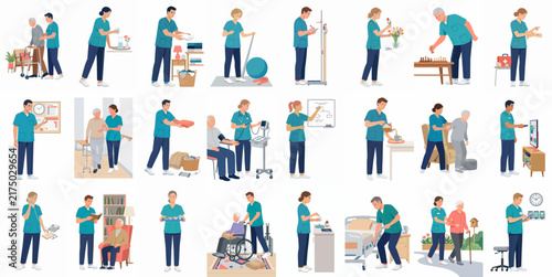 Set of illustrations depicting professional caregivers and nurses performing daily duties, medical checkups, and providing support for elderly people in nursing home facilities.