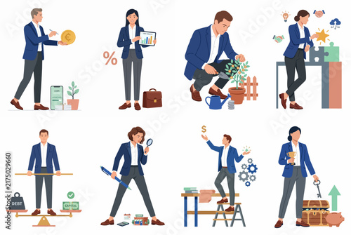 Collection of business professional characters illustrating concepts like investment, financial growth, problem-solving, analysis, and strategic management in a flat vector style.