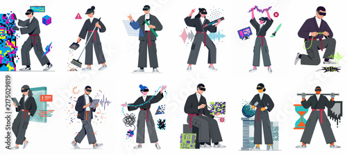 Set of flat character illustrations of diverse people using virtual reality headsets for various activities including gaming, art, music, fitness, and professional work.